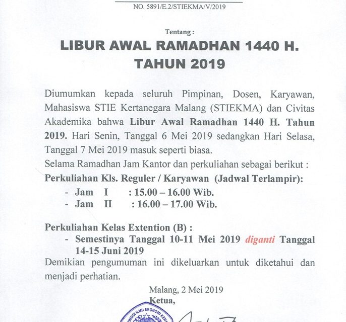 Pengumuman Libur Awal Puasa 2019 Stiekma